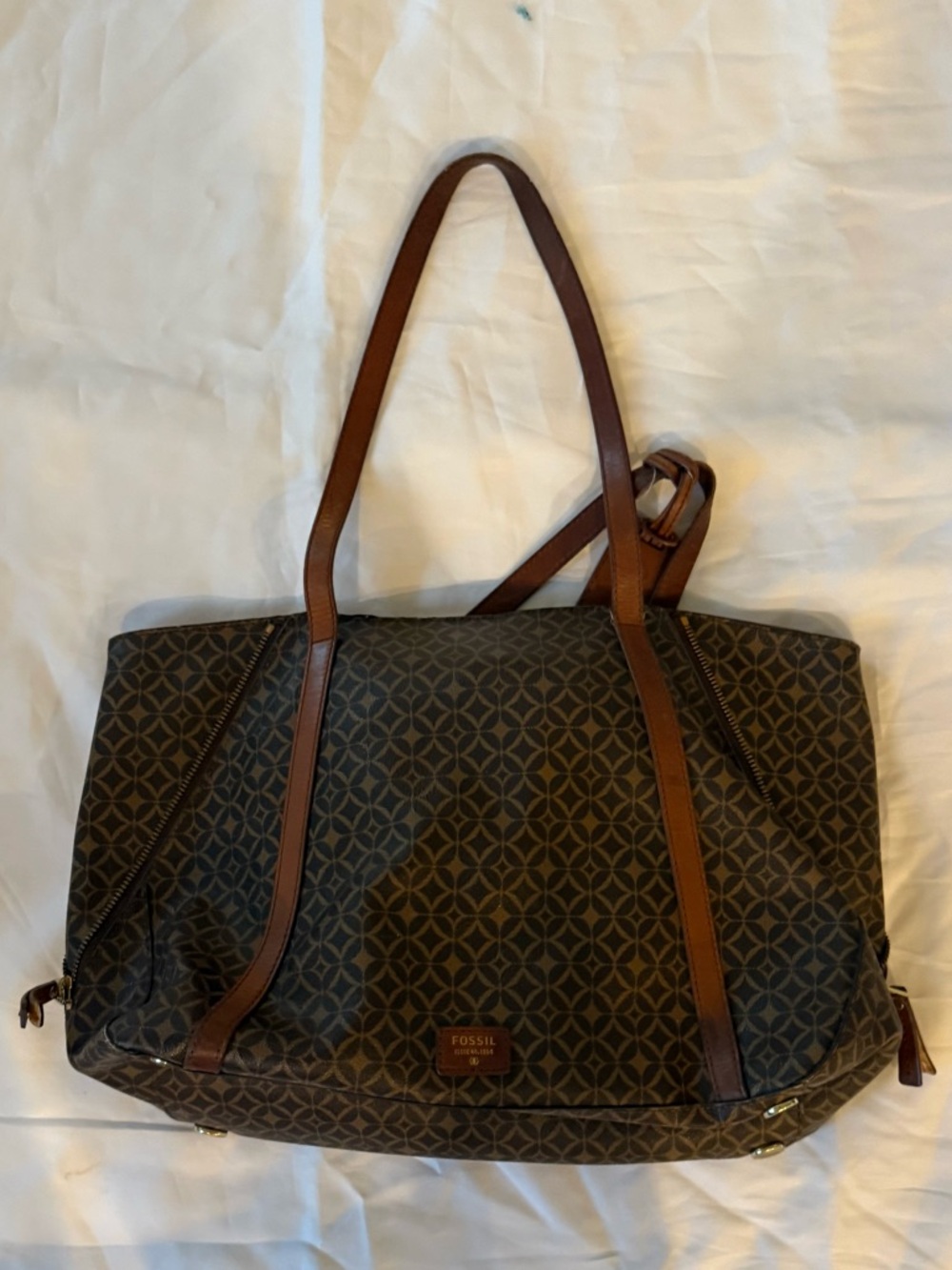 Fossil Brown and Tan Logo Pattern Shoulder Tote